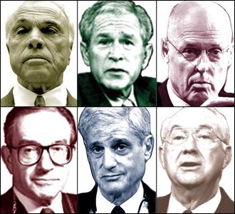 Clockwise from top left: Angelo Mozilo, George Bush, Henry Paulson, Phil Gramm, Robert Rubin, Alan Greenspan