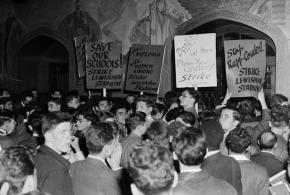 CCNY students protest the dismissal of 11 faculty members accused of being communists in 1921