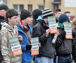 Supporters rally for Martin Corey's release in Lurgan last year