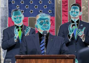 Donald Trump delivers an address to Congress flanked by Mike Pence and Paul Ryan